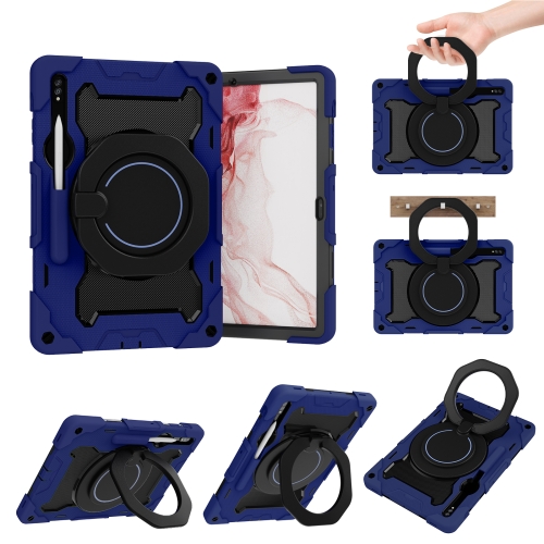 

For Samsung Galaxy Tab S9+ Armor Portable Rotating Ring Holder Silicone Tablet Case(Navy Blue)