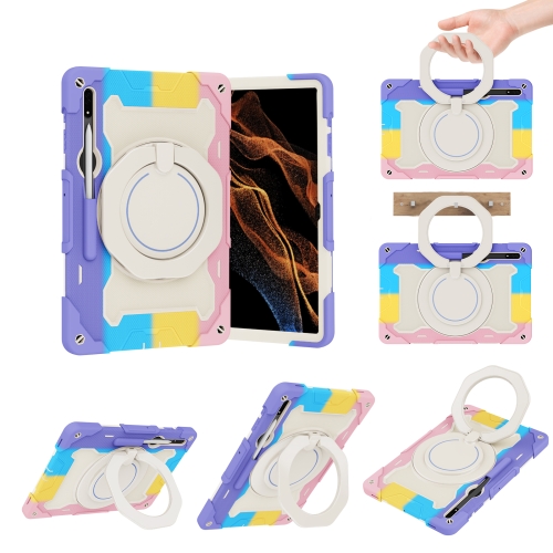 

For Samsung Galaxy Tab S9 Ultra Armor Portable Rotating Ring Holder Silicone Tablet Case(Colorful Pink)
