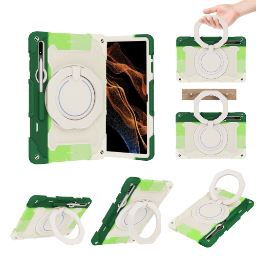 

For Samsung Galaxy Tab S9 Ultra Armor Portable Rotating Ring Holder Silicone Tablet Case(Colorful Green)