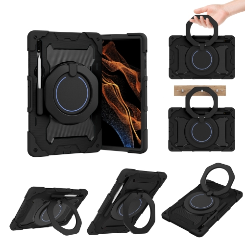 

For Samsung Galaxy Tab S9 Ultra Armor Portable Rotating Ring Holder Silicone Tablet Case(Black)