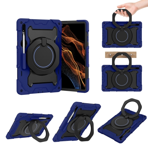 

For Samsung Galaxy Tab S9 Ultra Armor Portable Rotating Ring Holder Silicone Tablet Case(Navy Blue)