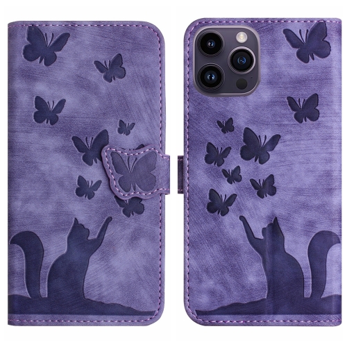 

For iPhone 15 Pro Max Butterfly Cat Embossing Flip Leather Phone Case(Purple)