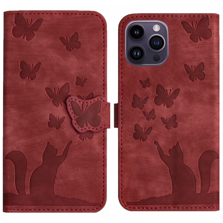 

For iPhone 15 Pro Butterfly Cat Embossing Flip Leather Phone Case(Red)