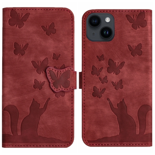

For iPhone 15 Plus Butterfly Cat Embossing Flip Leather Phone Case(Red)