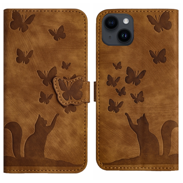 

For iPhone 15 Plus Butterfly Cat Embossing Flip Leather Phone Case(Brown)