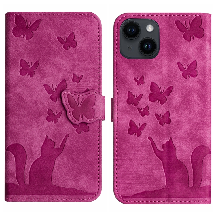 

For iPhone 15 Butterfly Cat Embossing Flip Leather Phone Case(Pink)