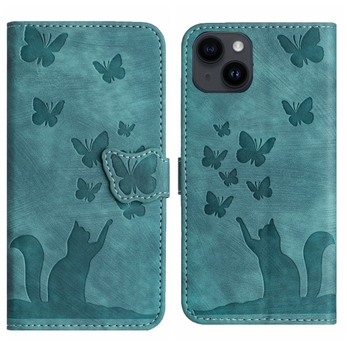 

For iPhone 15 Butterfly Cat Embossing Flip Leather Phone Case(Wathet)