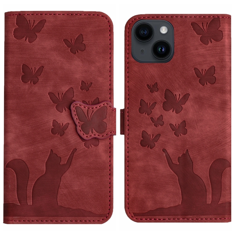 

For iPhone 14 Plus Butterfly Cat Embossing Flip Leather Phone Case(Red)