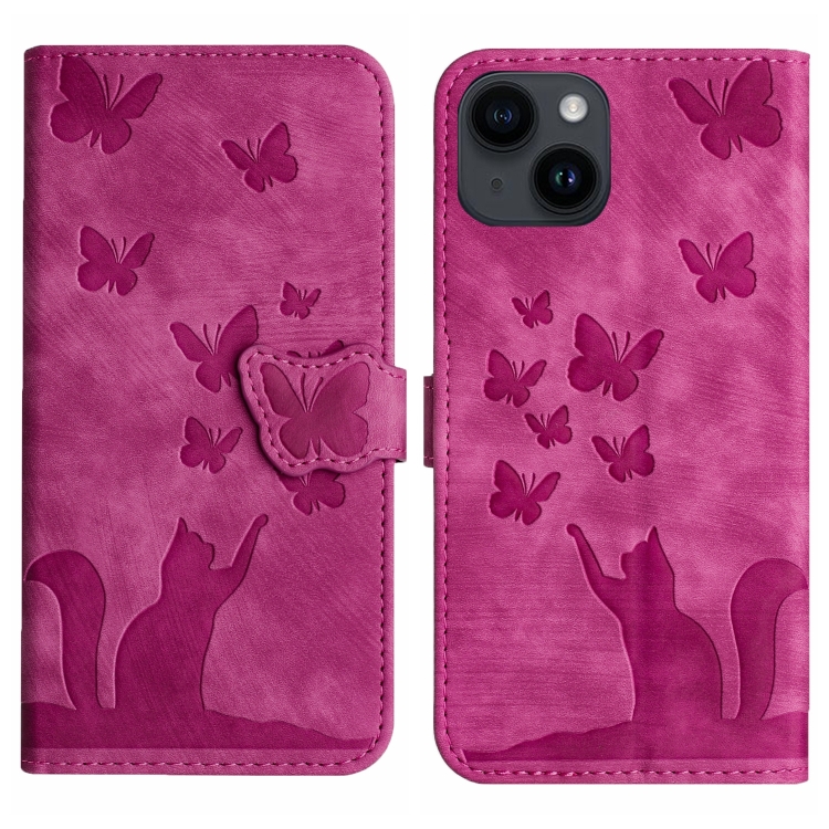 

For iPhone 14 Plus Butterfly Cat Embossing Flip Leather Phone Case(Pink)
