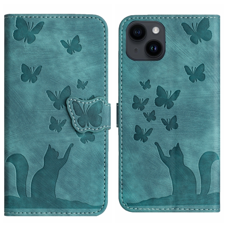 

For iPhone 14 Plus Butterfly Cat Embossing Flip Leather Phone Case(Wathet)