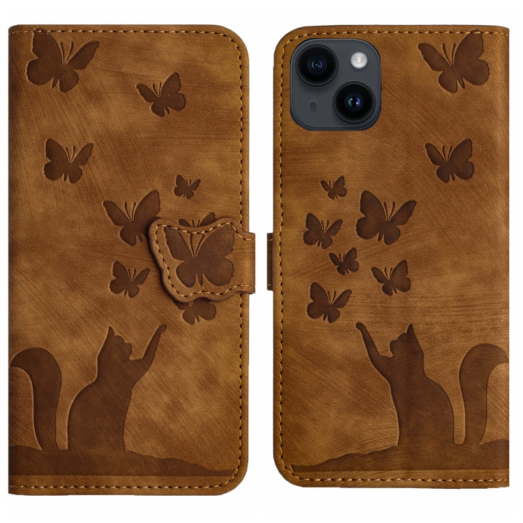 

For iPhone 14 Plus Butterfly Cat Embossing Flip Leather Phone Case(Brown)