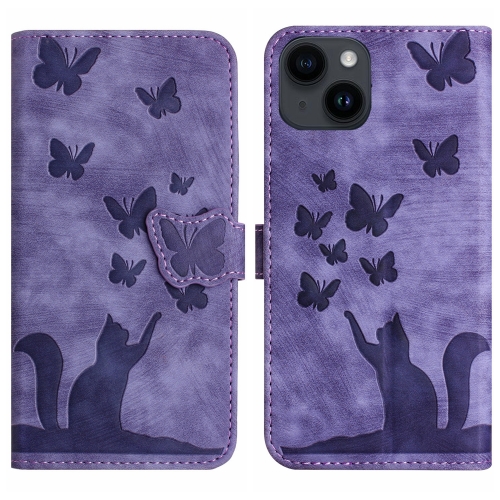 

For iPhone 14 Butterfly Cat Embossing Flip Leather Phone Case(Purple)