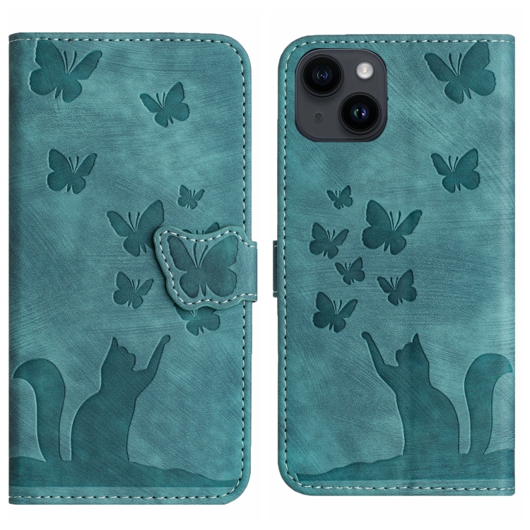 

For iPhone 14 Butterfly Cat Embossing Flip Leather Phone Case(Wathet)