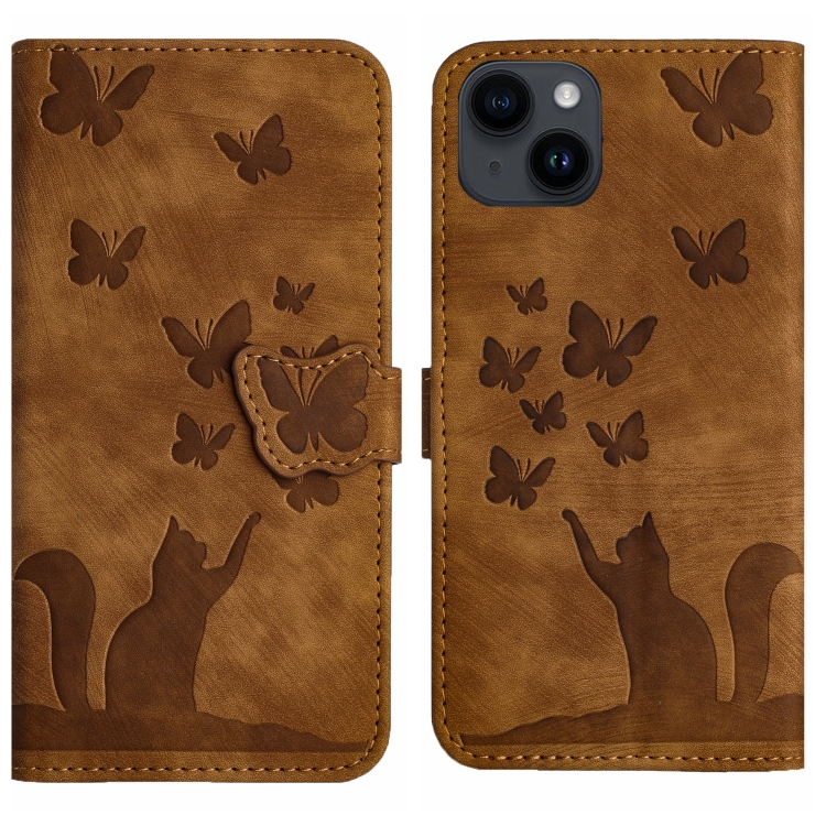

For iPhone 14 Butterfly Cat Embossing Flip Leather Phone Case(Brown)
