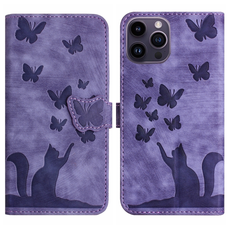 

For iPhone 14 Pro Butterfly Cat Embossing Flip Leather Phone Case(Purple)