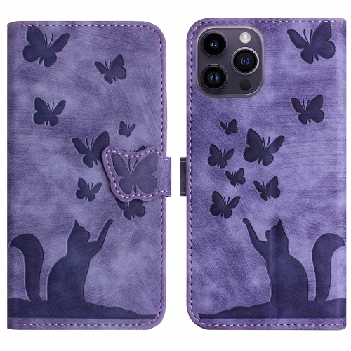 

For iPhone 14 Pro Max Butterfly Cat Embossing Flip Leather Phone Case(Purple)