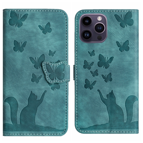 

For iPhone 14 Pro Max Butterfly Cat Embossing Flip Leather Phone Case(Wathet)