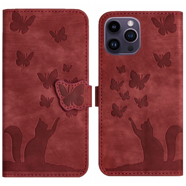 

For iPhone 13 Pro Max Butterfly Cat Embossing Flip Leather Phone Case(Red)
