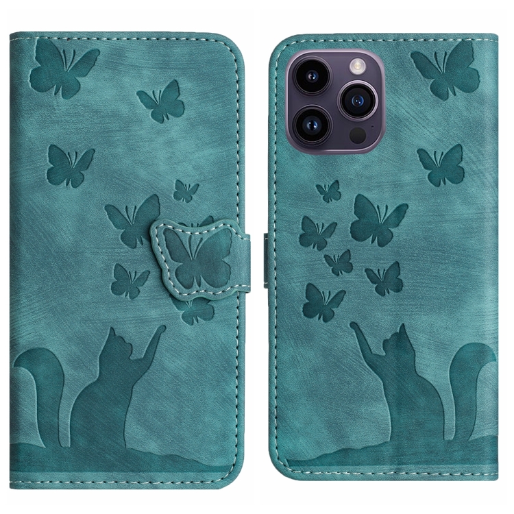

For iPhone 13 Pro Max Butterfly Cat Embossing Flip Leather Phone Case(Wathet)