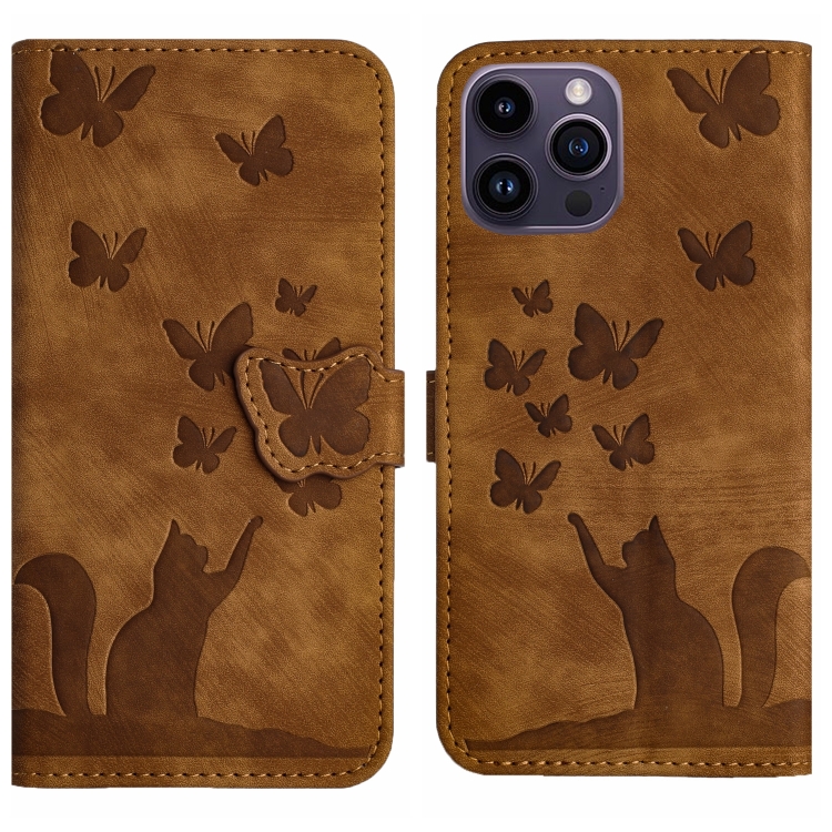 

For iPhone 13 Pro Max Butterfly Cat Embossing Flip Leather Phone Case(Brown)