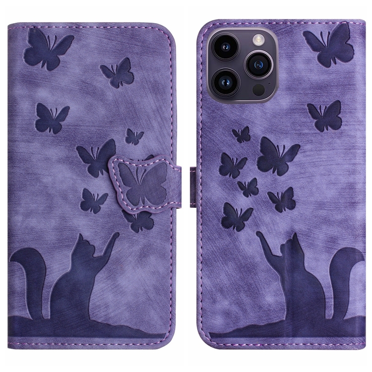 

For iPhone 13 Pro Butterfly Cat Embossing Flip Leather Phone Case(Purple)