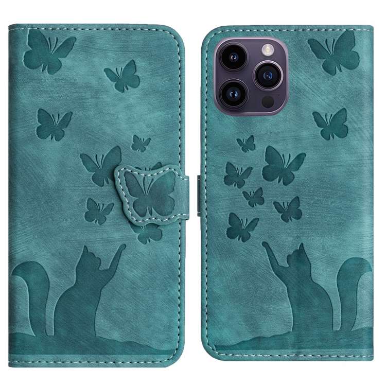 

For iPhone 13 Pro Butterfly Cat Embossing Flip Leather Phone Case(Wathet)