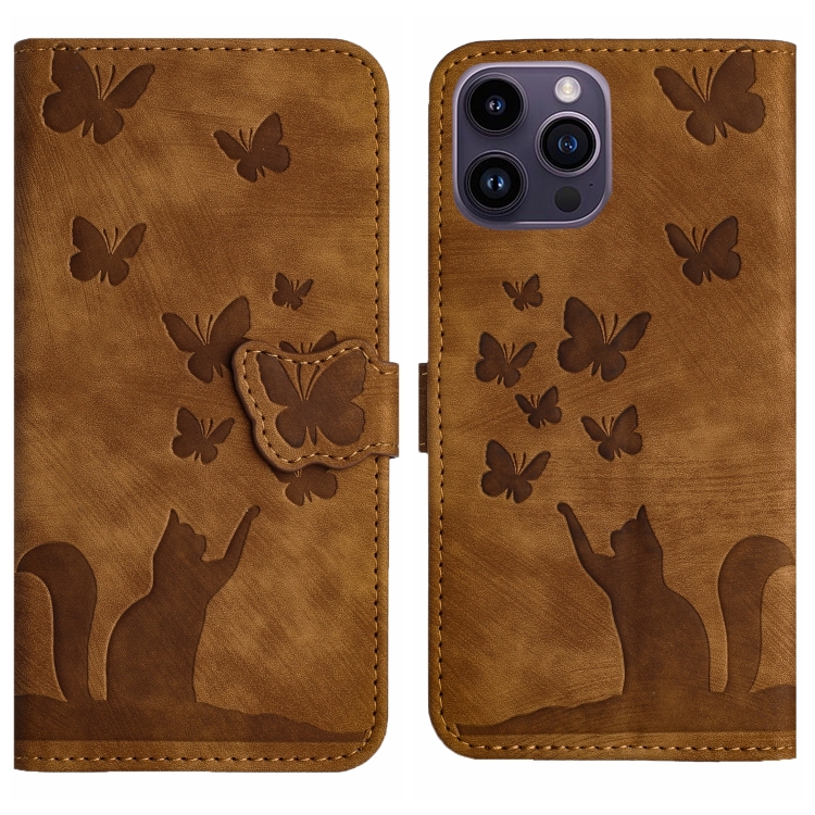 

For iPhone 13 Pro Butterfly Cat Embossing Flip Leather Phone Case(Brown)