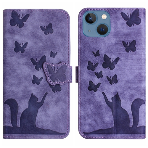 

For iPhone 13 Butterfly Cat Embossing Flip Leather Phone Case(Purple)