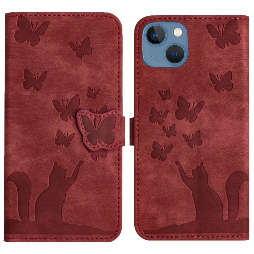 

For iPhone 13 Butterfly Cat Embossing Flip Leather Phone Case(Red)