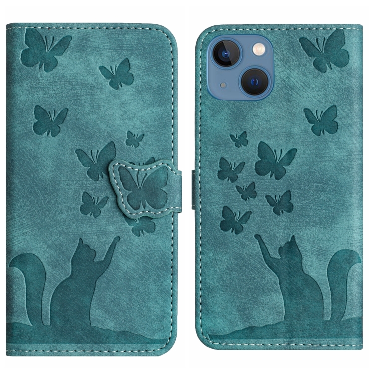 

For iPhone 13 Butterfly Cat Embossing Flip Leather Phone Case(Wathet)