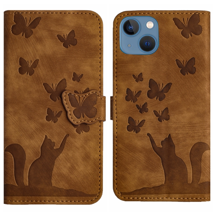 

For iPhone 13 Butterfly Cat Embossing Flip Leather Phone Case(Brown)