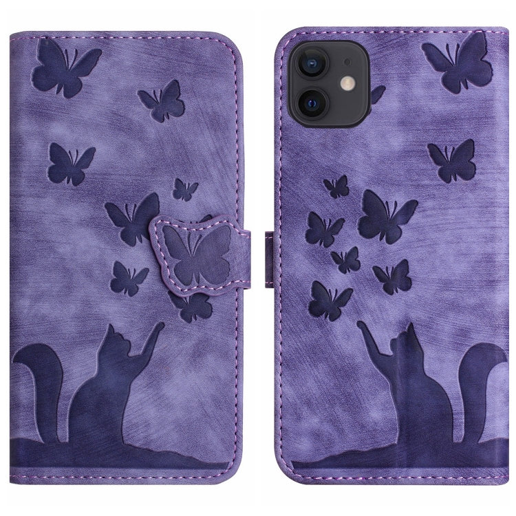 

For iPhone 12 / 12 Pro Butterfly Cat Embossing Flip Leather Phone Case(Purple)