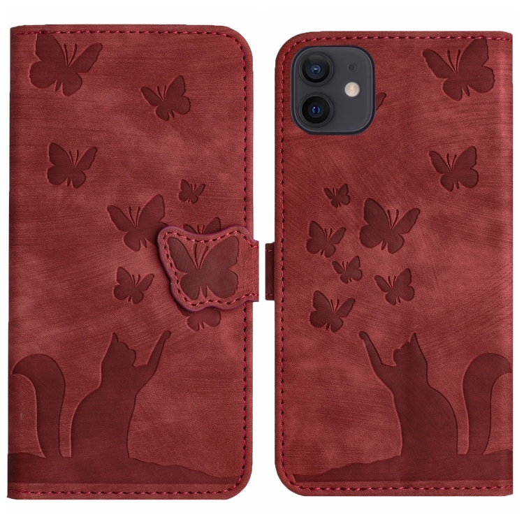 

For iPhone 12 / 12 Pro Butterfly Cat Embossing Flip Leather Phone Case(Red)