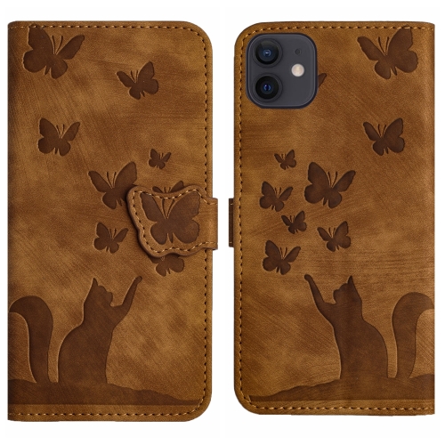 

For iPhone 12 / 12 Pro Butterfly Cat Embossing Flip Leather Phone Case(Brown)