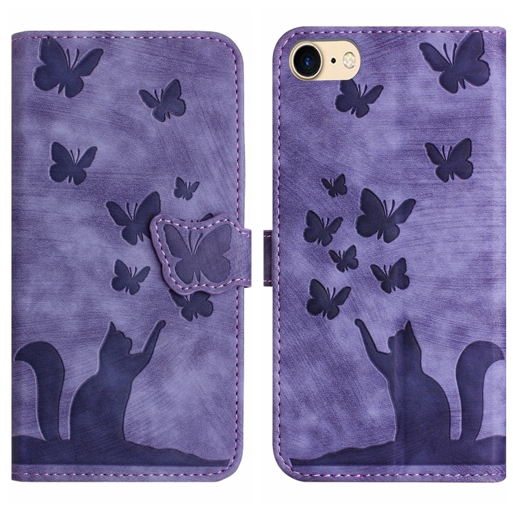 

For iPhone SE 2022 / 2020 / 8 / 7 Butterfly Cat Embossing Flip Leather Phone Case(Purple)