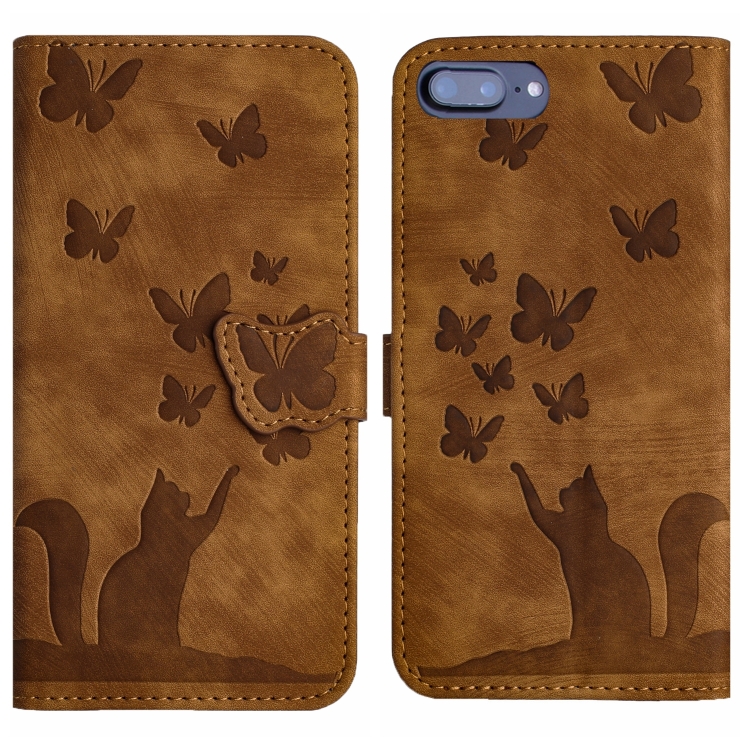

For iPhone 8 Plus / 7 Plus Butterfly Cat Embossing Flip Leather Phone Case(Brown)