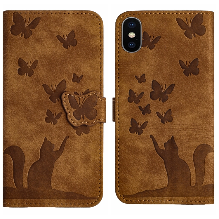 

For iPhone X / XS Butterfly Cat Embossing Flip Leather Phone Case(Brown)