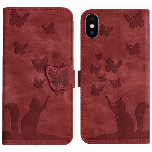 

For iPhone XS Max Butterfly Cat Embossing Flip Leather Phone Case(Red)