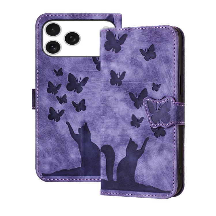 For iPhone 17 Pro Butterfly Cat Embossing Flip Leather Phone Case(Purple) — купить у Sunsky-online WW