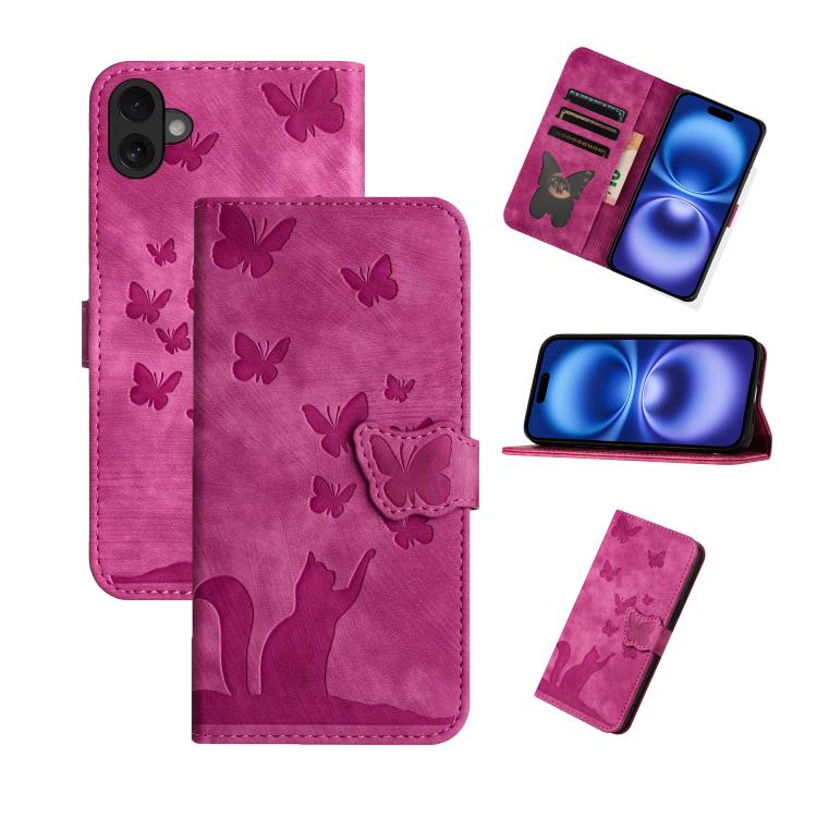 

For iPhone 17 Butterfly Cat Embossing Flip Leather Phone Case(Pink)