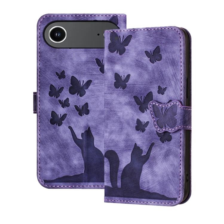 

For iPhone Air Butterfly Cat Embossing Flip Leather Phone Case(Purple)