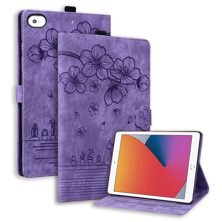 

For iPad mini 5 / 4 / 3 / 2 / 1 Cartoon Sakura Cat Embossed Smart Leather Tablet Case(Purple)