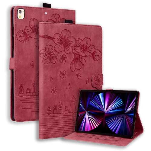 For iPad 10.2 2021 / 10.5 2019 Cartoon Sakura Cat Embossed Smart Leather Tablet Case(Red)
