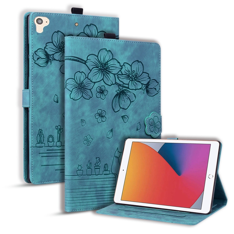 

For iPad Pro 9.7 / 9.7 2018 / 2017 Cartoon Sakura Cat Embossed Smart Leather Tablet Case(Green)