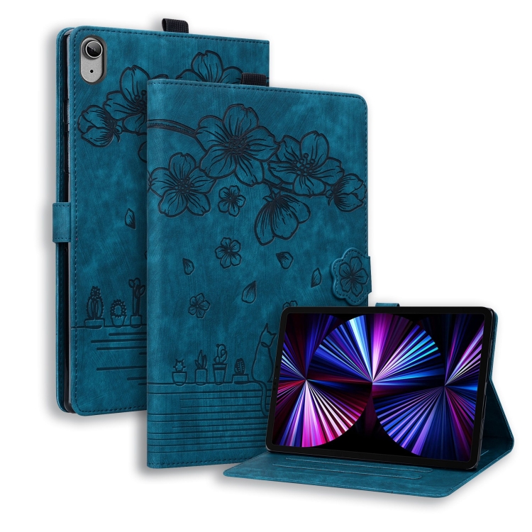 

For iPad 2025 / 2022 Cartoon Sakura Cat Embossed Smart Leather Tablet Case(Blue)