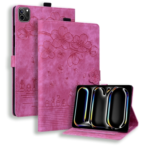 For iPad Pro 11 2024 Cartoon Sakura Cat Embossed Smart Leather Tablet Case(Rose Red)