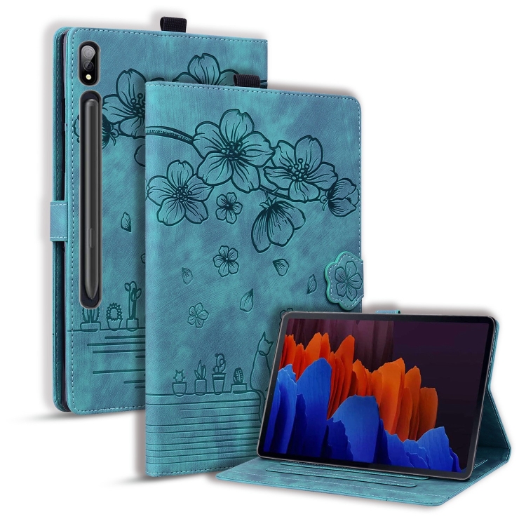 For Galaxy Tab S9+ /S8+ /S7+ Cartoon Sakura Cat Embossed Smart Leather Tablet Case(Green)