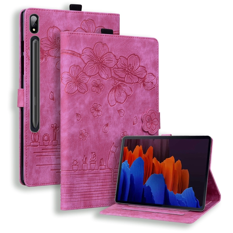 For Galaxy Tab S11 / S10 / S9 Cartoon Sakura Cat Embossed Smart Leather Tablet Case(Rose Red)
