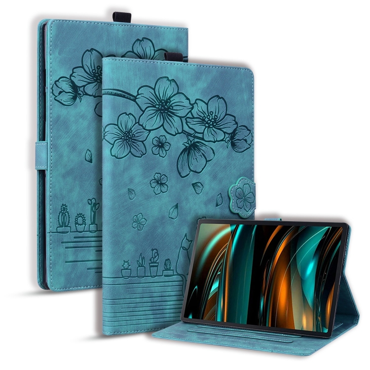 

For Samsung Galaxy Tab A8 X200 Cartoon Sakura Cat Embossed Smart Leather Tablet Case(Green)