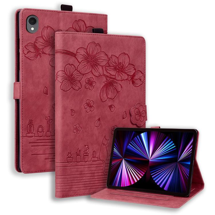 

For Samsung Galaxy Tab S11 Cartoon Sakura Cat Embossed Smart Leather Tablet Case(Red)